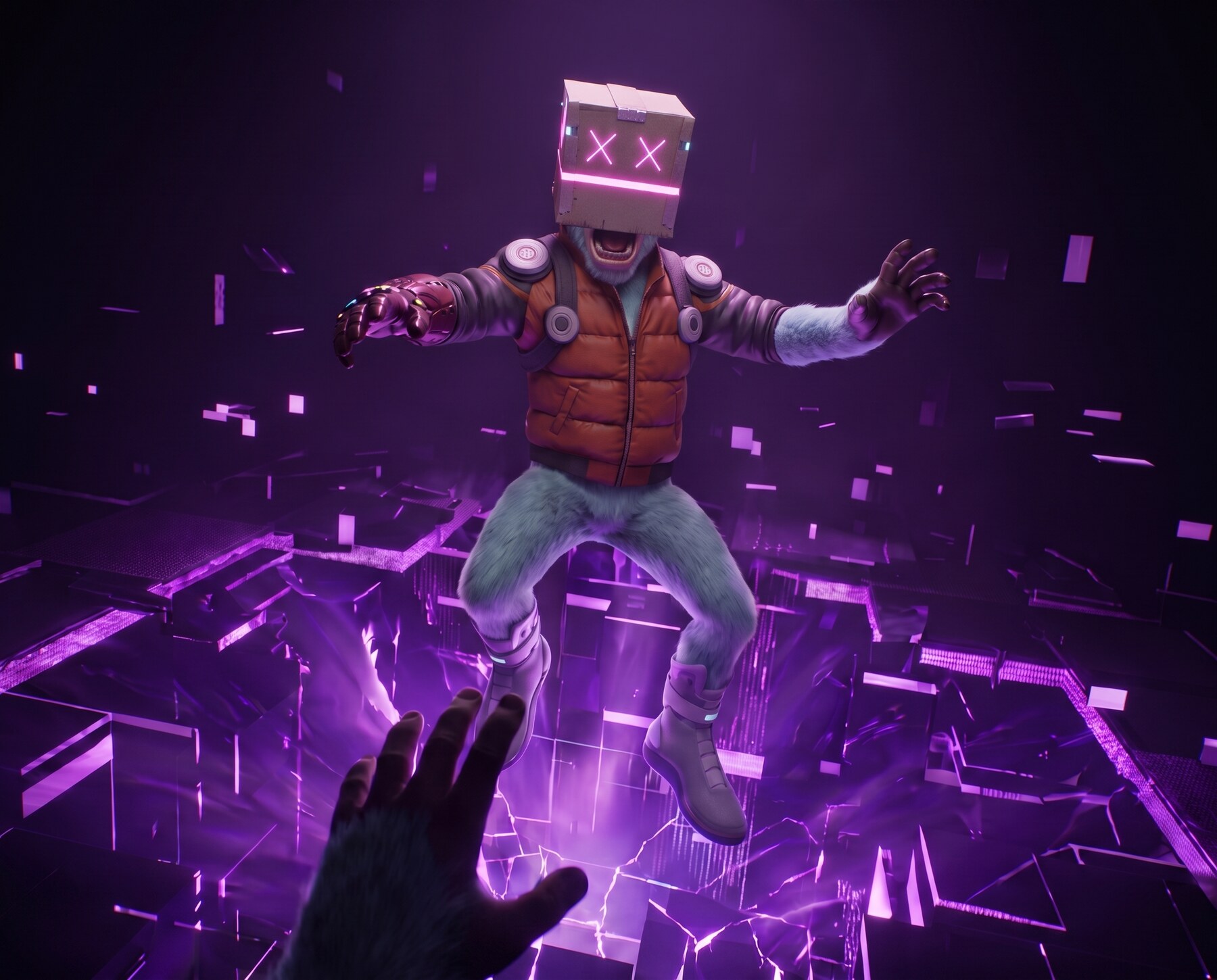 Boxlord falling through a fractured void as a hand reaches up for him