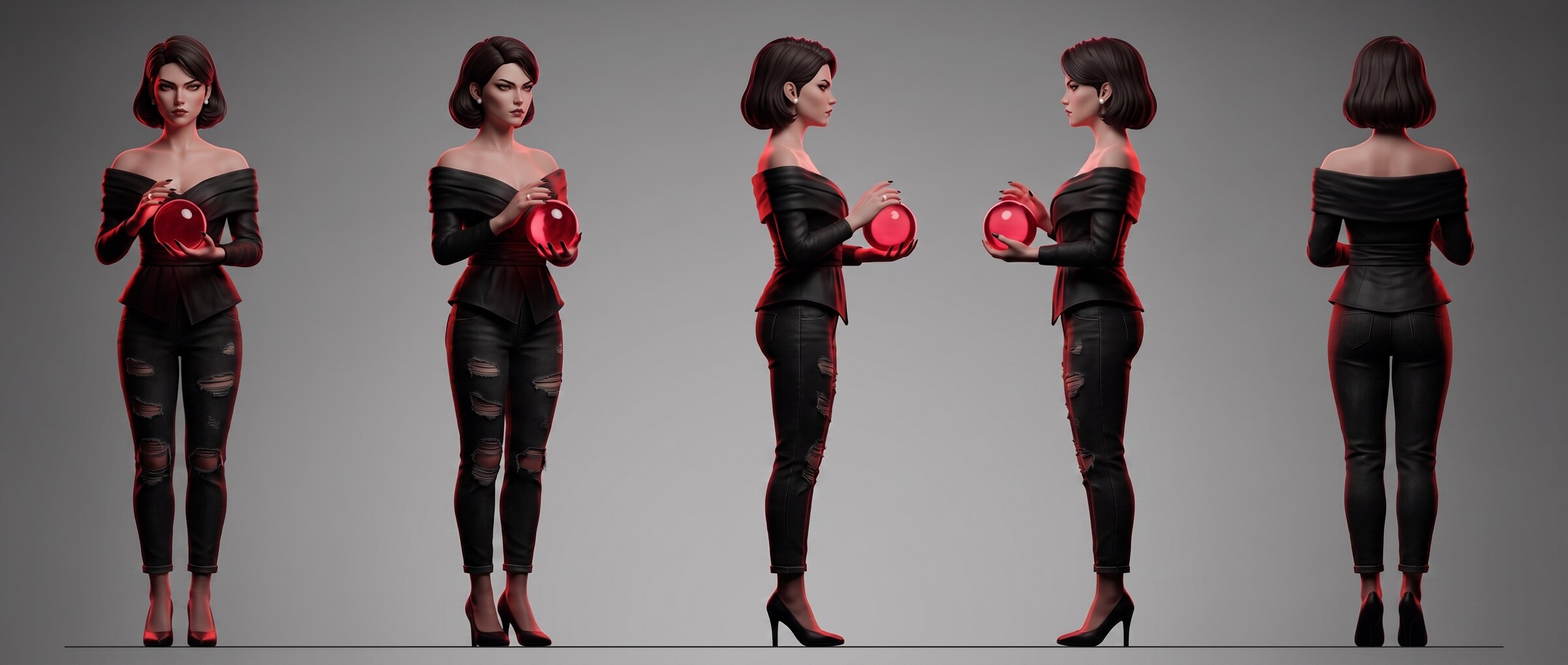 Fate character turnaround — front, three-quarter, both profiles, and back