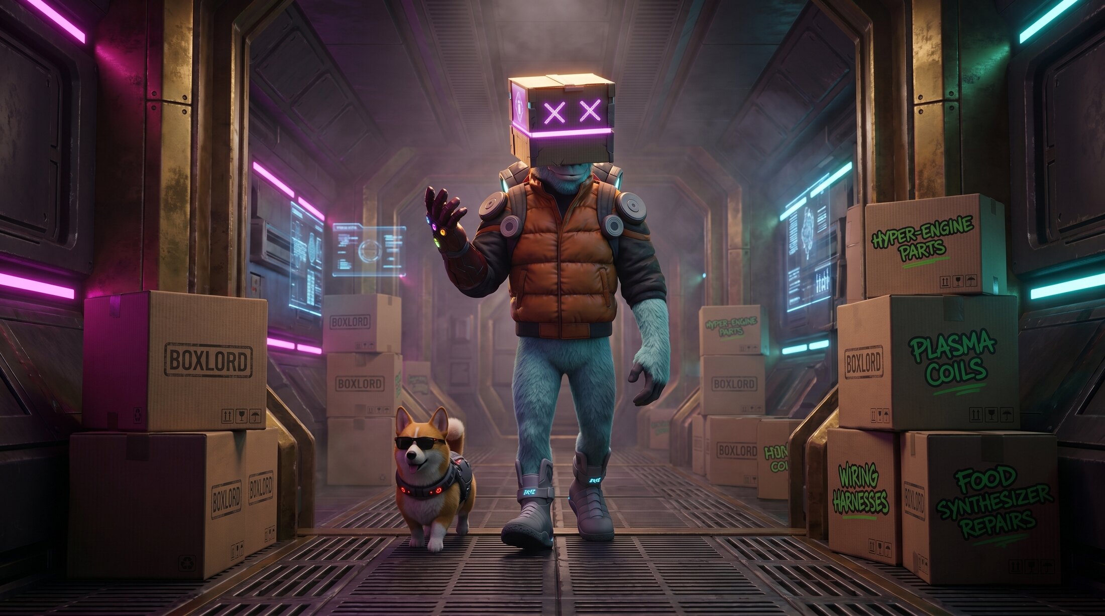 Boxlord and his dog Qube walking a neon cargo corridor