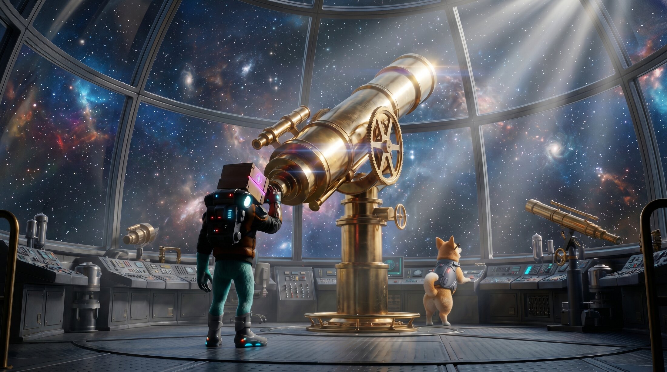 Boxlord and Qube at a brass telescope, looking into deep space