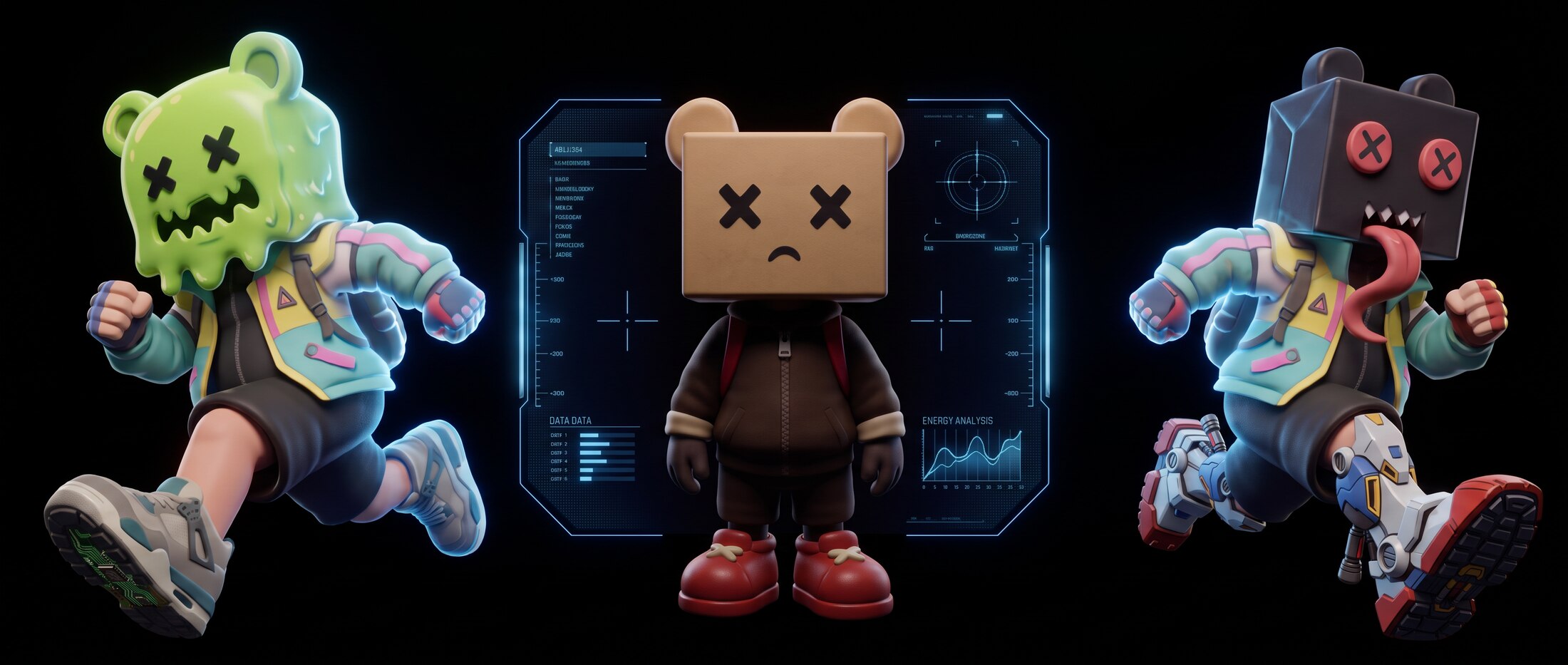 Three box-headed characters, front and side views, with a heads-up display